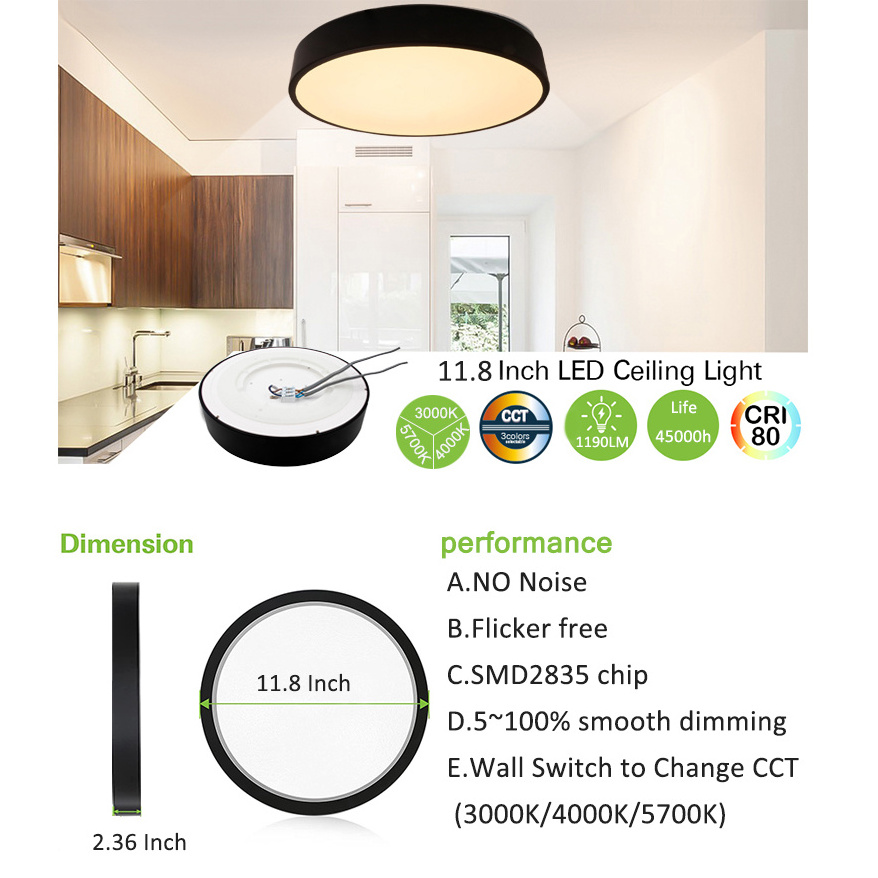 LED Flush Mount Ceiling Light Fixture CCT 3000k/4000k/5700K 11.8 Inch 20W Flat Modern Round Lighting Fixture