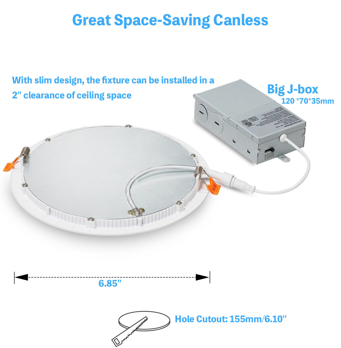 6 Inch 3CCT Ultra-Thin LED Recessed Ceiling Light with Junction Box 12W Dimmable Can-Killer 2700K-5000K Selectable pot light