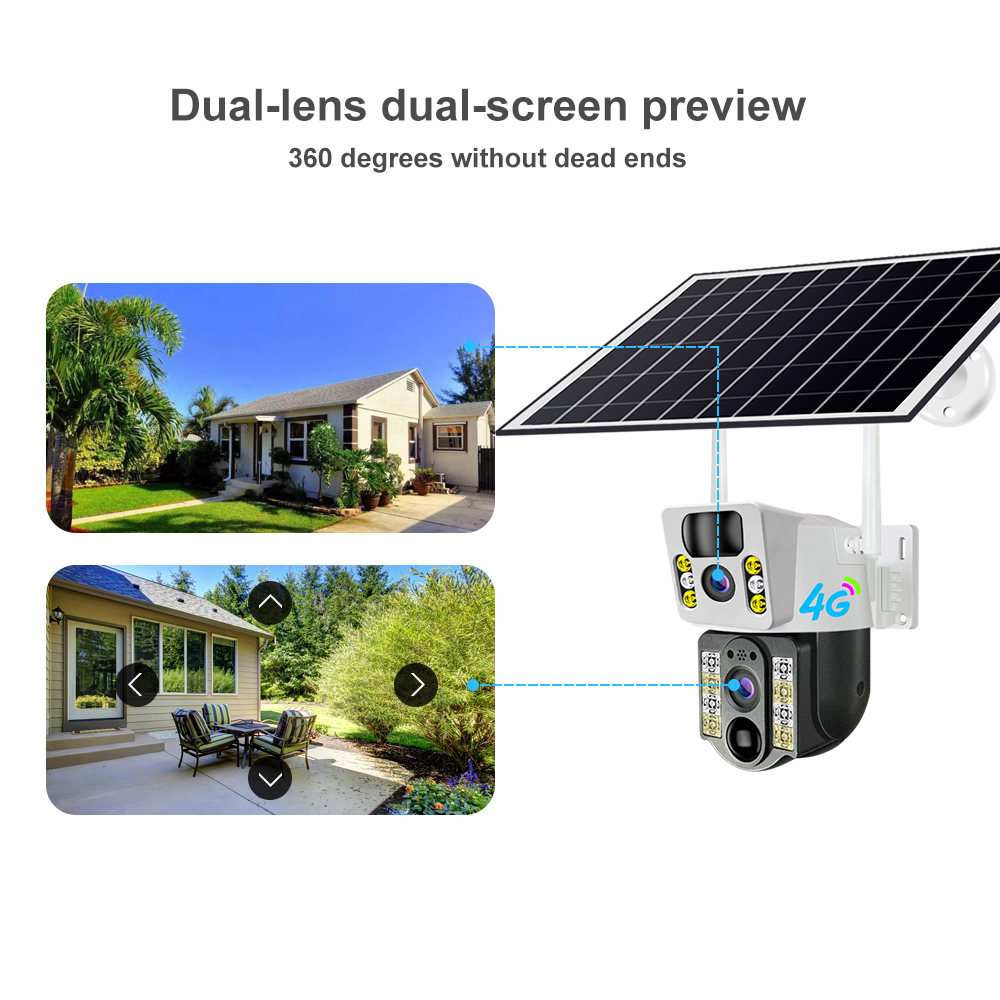 New Arrival V380 Outdoor 4G Solar powered PTZ Double Lens PIR Detection Alarm Auto Tracking 7.5W Solar Panel with Battery Camera