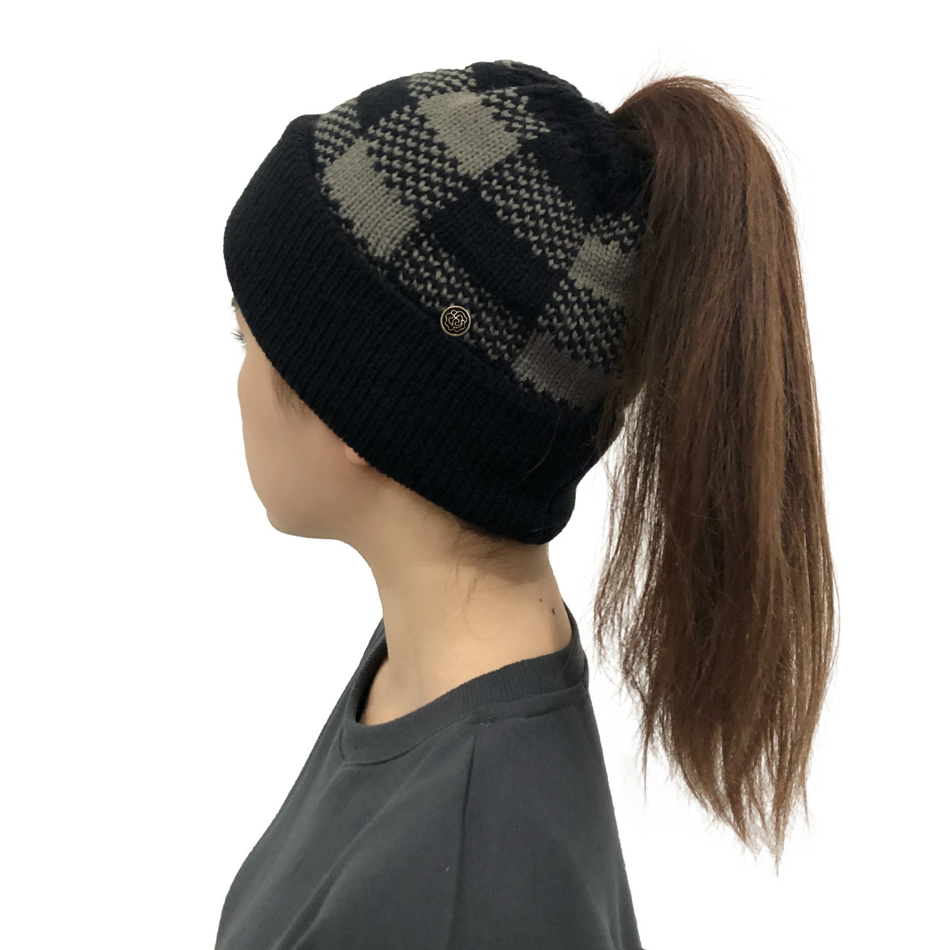 Ponytail Beanie for Women Winter Warm Beanie Tail Soft Stretch Cable Knit Messy High Bun Hat womens pony tail hats with buttons