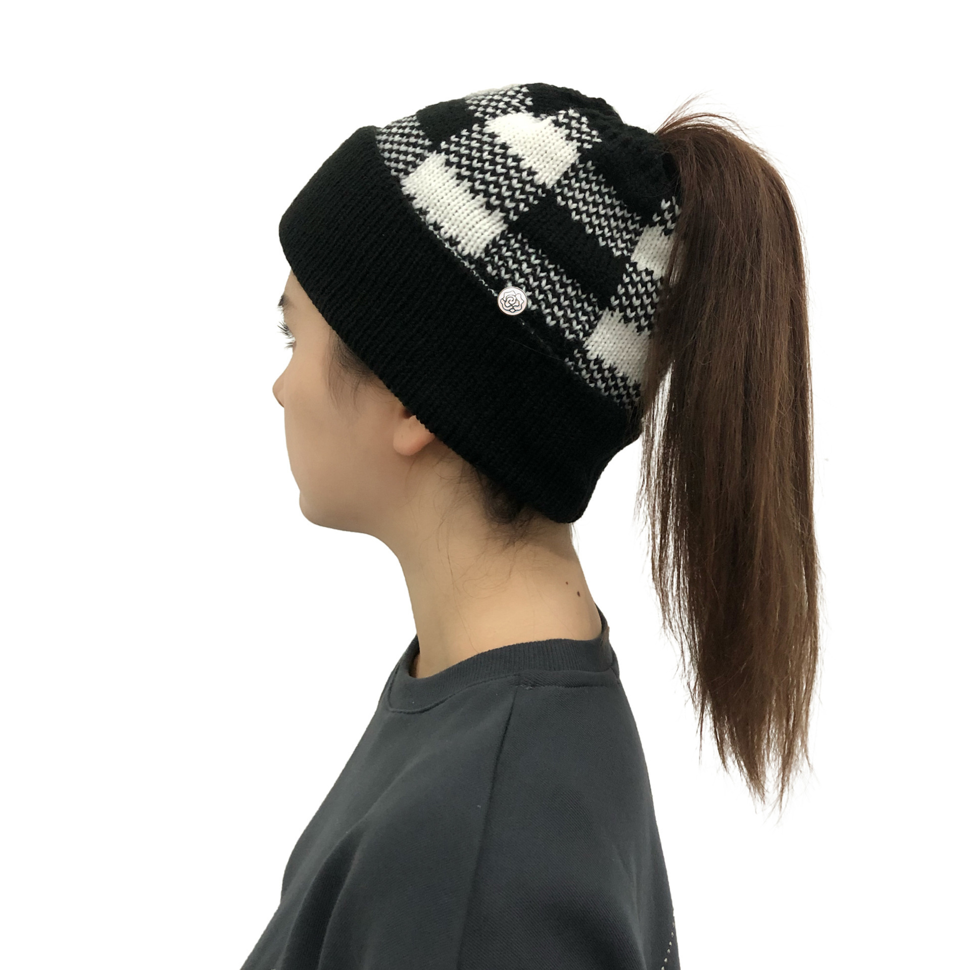 Ponytail Beanie for Women Winter Warm Beanie Tail Soft Stretch Cable Knit Messy High Bun Hat womens pony tail hats with buttons