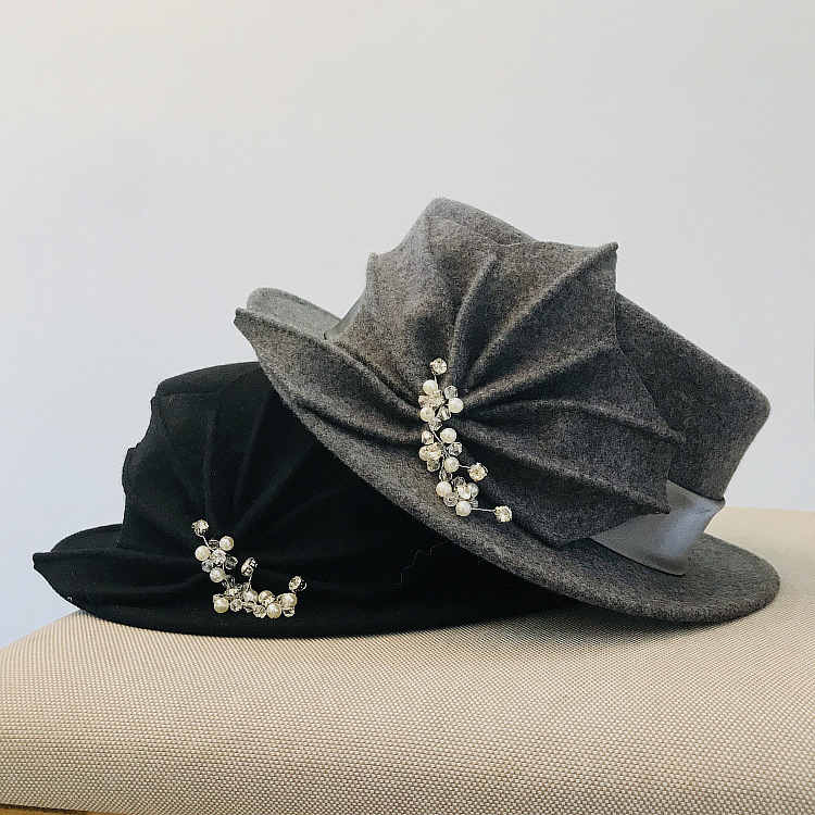 new women chapeau wool felt church hat maple leaf pearl head-ornaments elegant flat top hat wedding tea party formal hats