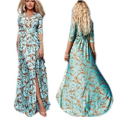 ready to ship 2021 new fashion women green long sleeve v neck skirt floral printed long slim dress for vacation beach