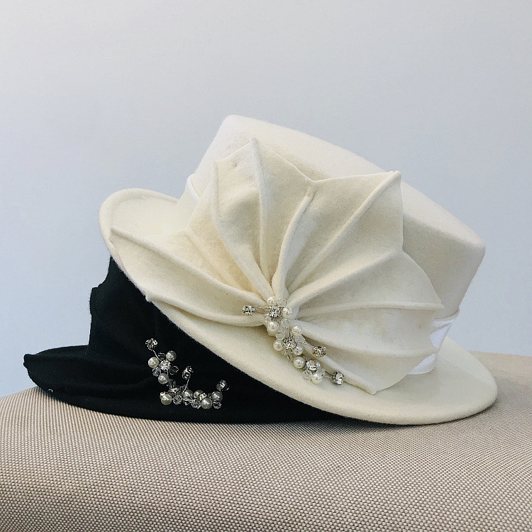 new women chapeau wool felt church hat maple leaf pearl head-ornaments elegant flat top hat wedding tea party formal hats