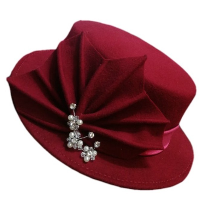 new women chapeau wool felt church hat maple leaf pearl head-ornaments elegant flat top hat wedding tea party formal hats