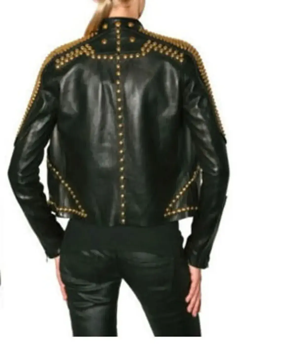 Studded Punk Steam Black Leather Jacket 100% Best Quality Women Clothing Genuine Leather