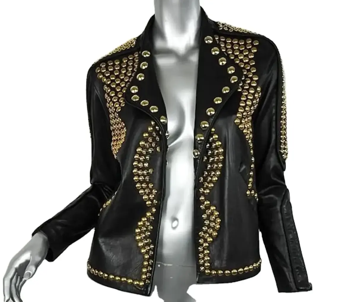 Studded Punk Steam Black Leather Jacket 100% Best Quality Women Clothing Genuine Leather