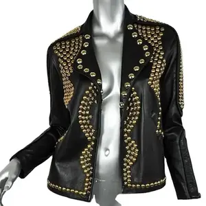 Studded Punk Steam Black Leather Jacket 100% Best Quality Women Clothing Genuine Leather