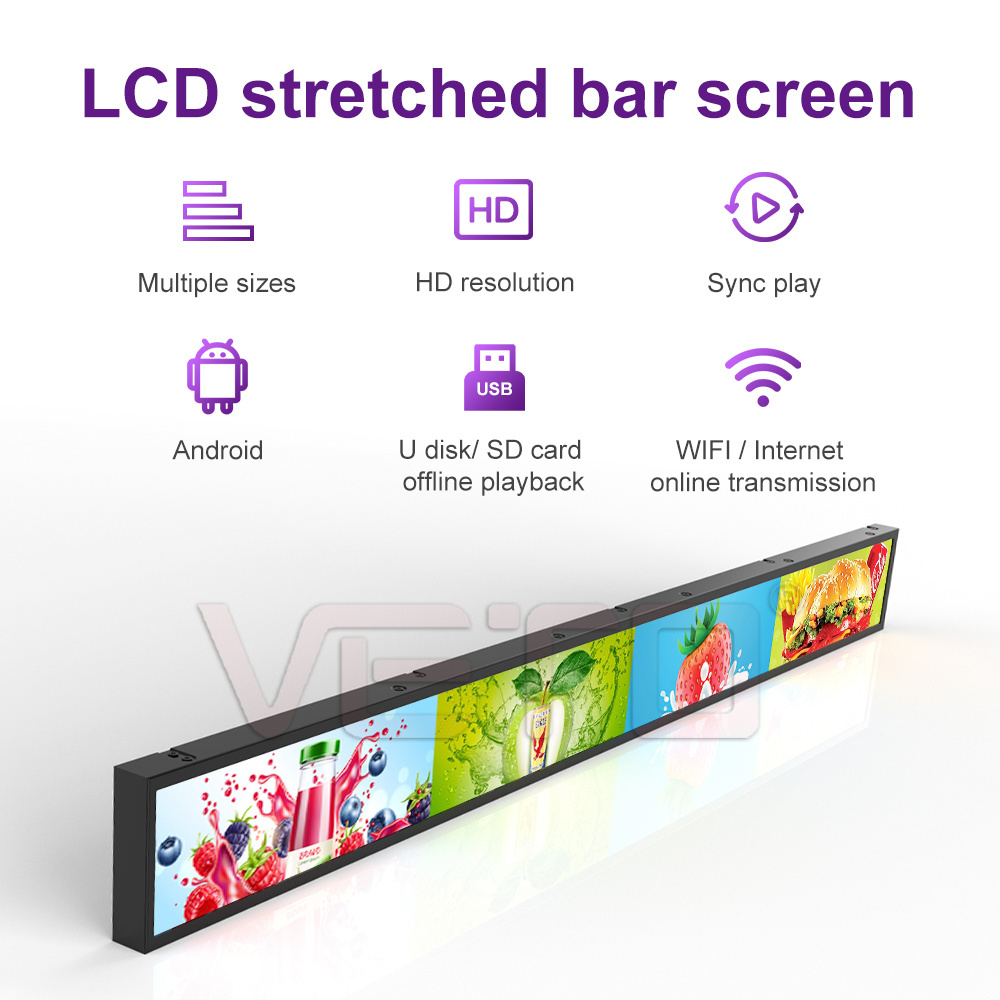 23.1 inch custom size supermarket indoor advertising media player strip Ultra wide shelf screen stretch bar lcd display