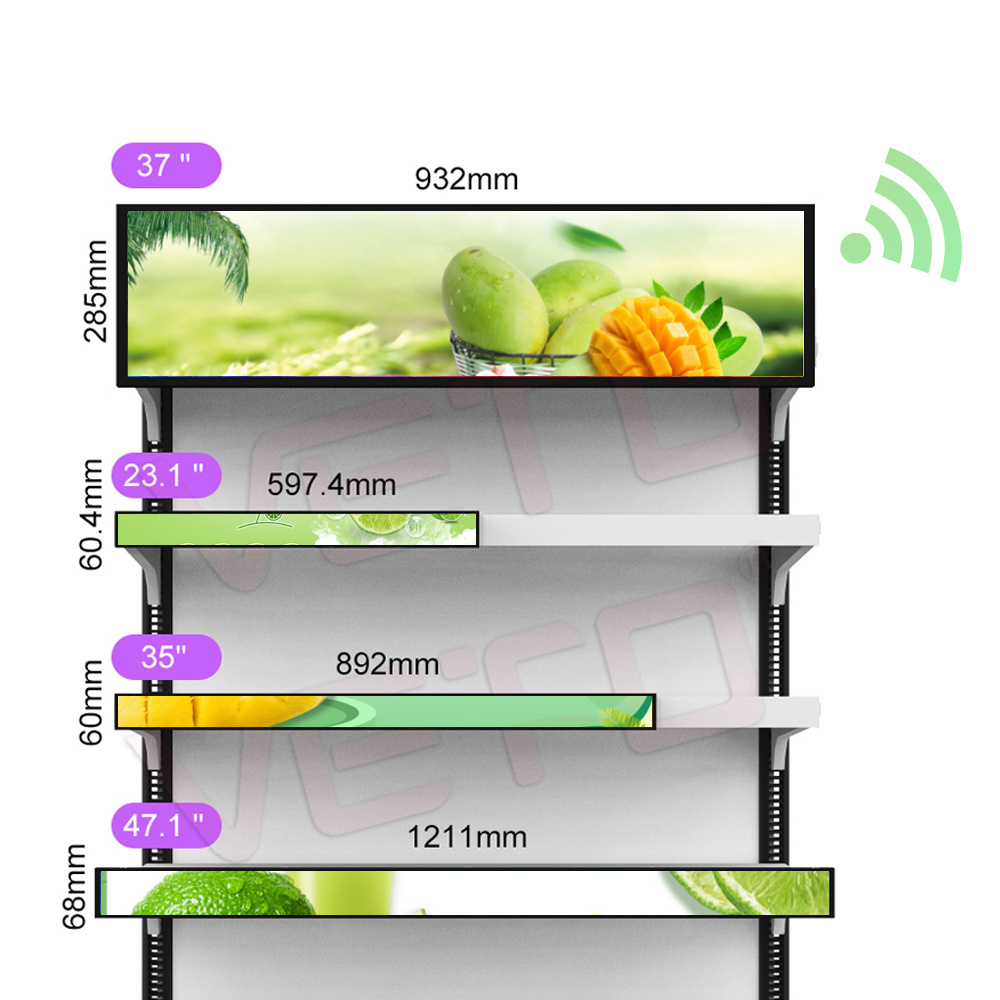 16.4 23.1 28 37 inch wall mounted strip display indoor stretched bar wide lcd shelf advertising screen for retail shore