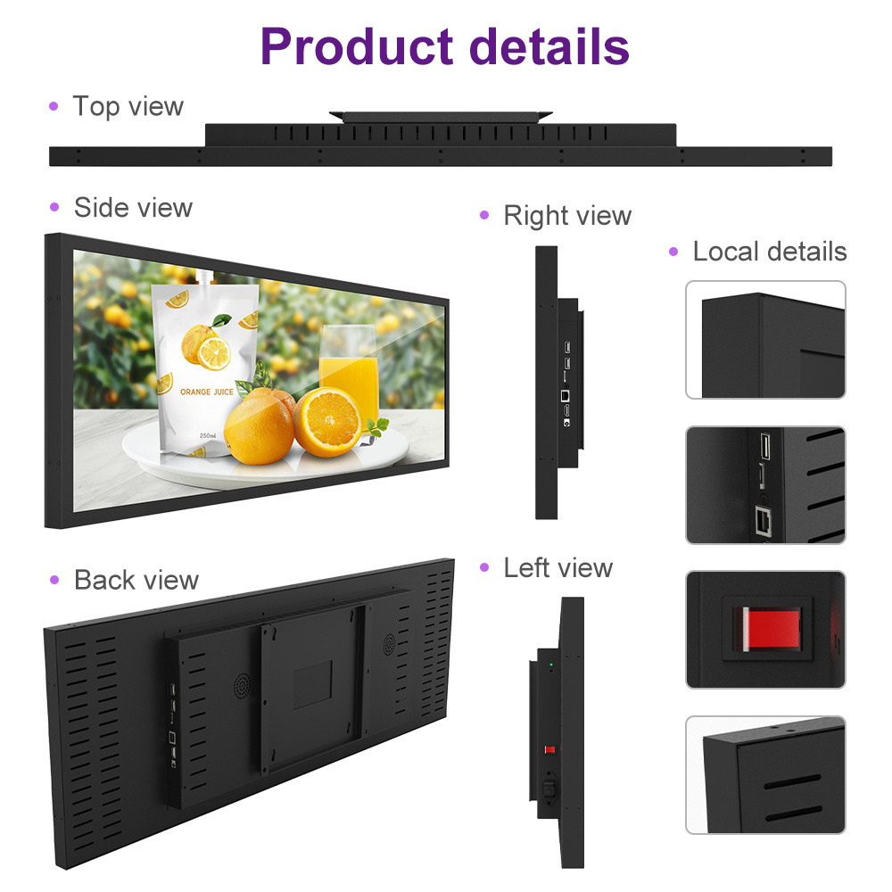 16.4 23.1 28 37 inch wall mounted strip display indoor stretched bar wide lcd shelf advertising screen for retail shore