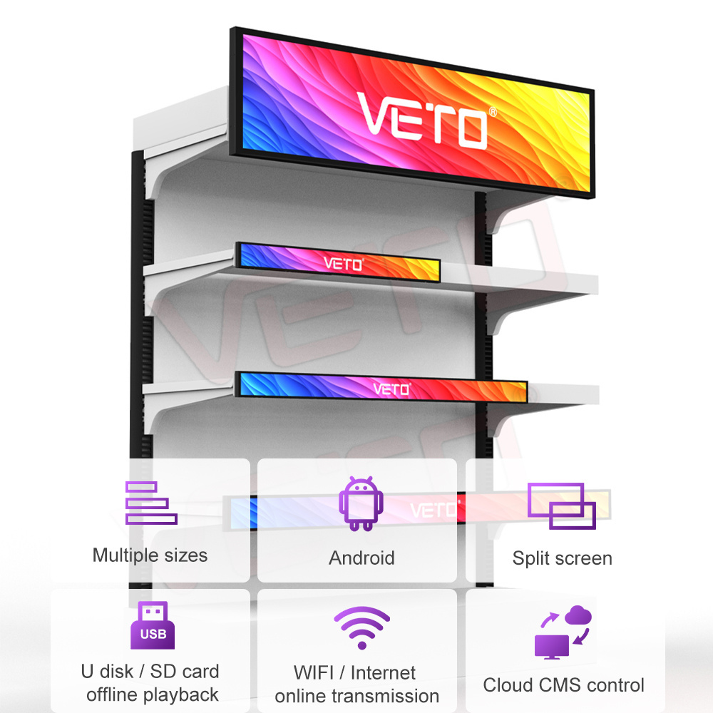 Customize cms digital signage advertising player ultra wide stretched bar screen video shelf edge display