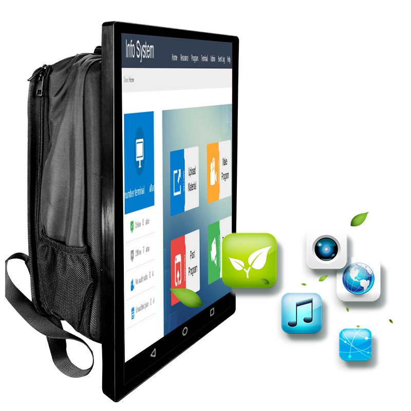 21.5 inch lcd media advertising player with battery Portable human walking capacitive touch billboard backpack