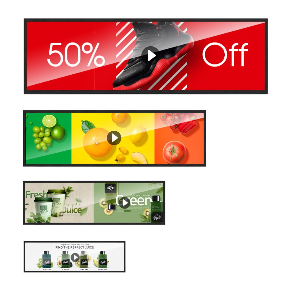 Customize cms digital signage advertising player ultra wide stretched bar screen video shelf edge display