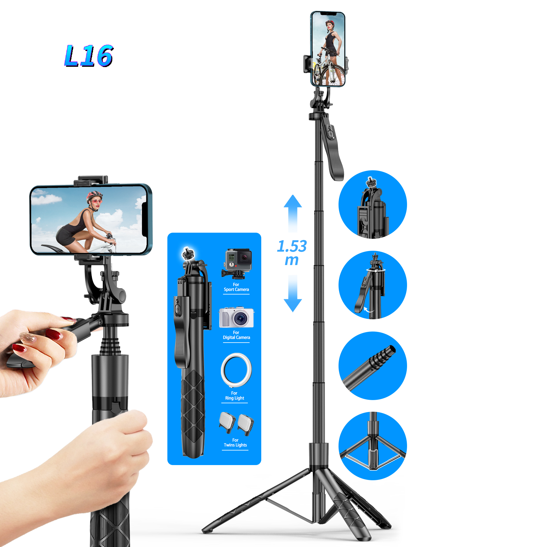 2022 New L16 1.5m Long Ultimate Black Pole Wireless Portable Umbrella Tripod Selfie Stick with Handle Power Switch Remote