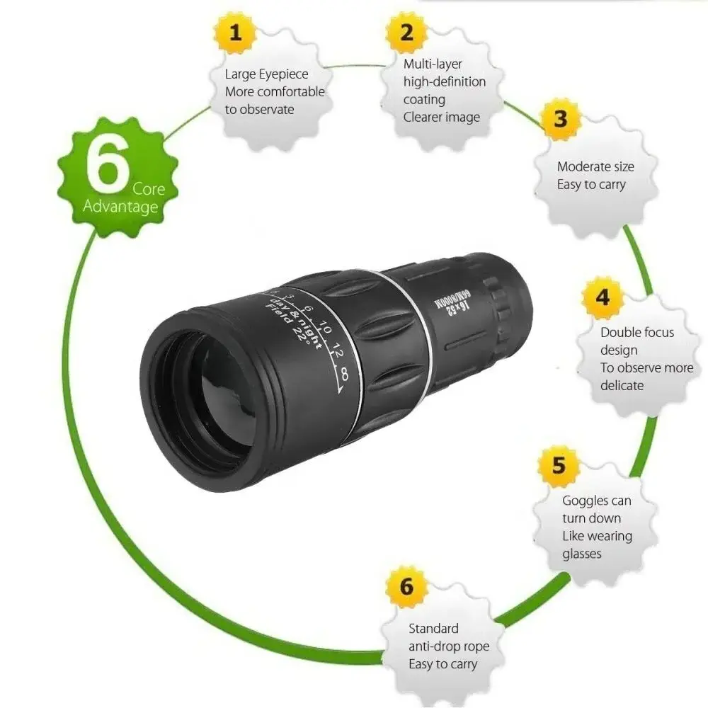 Monocular Telescope 16X52 green film long-range night vision scope lens for hunting, Waterproof telephoto lens for smart phones