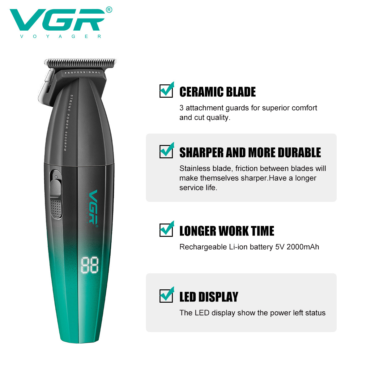 VGR V-906  Maquina De Cortar Cabello Metal Housing DLC Blade Barber Cordless Professional Hair Trimmer for Men