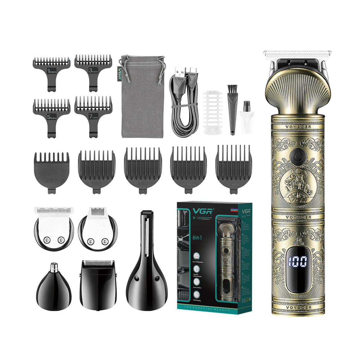 VGR V-106 6 in 1 Grooming Kit Beard Shaver Nose Body Trimmer Professional Cordless Hair Trimmer Hair Clipper Set for Men