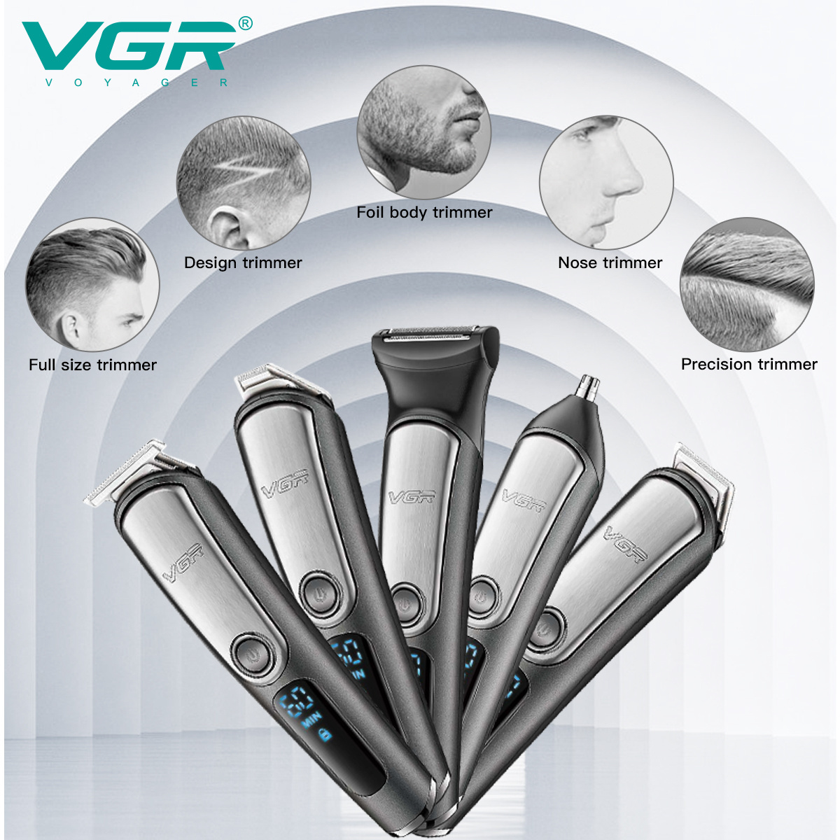 VGR V-105 Professional Grooming Kit 5 in 1 Electric Barber Hair Clipper Set Body Shaver Nose Hair Trimmer Cordless for Men