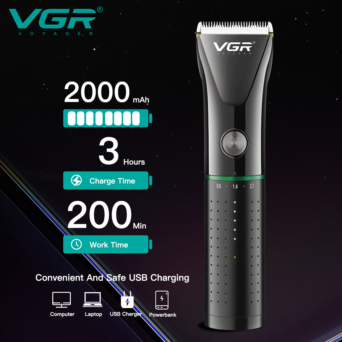 VGR V-661 Adjustable Metal Professional Rechargeable Beard Trimmer Electric Cordless Barber Hair Clipper for Men