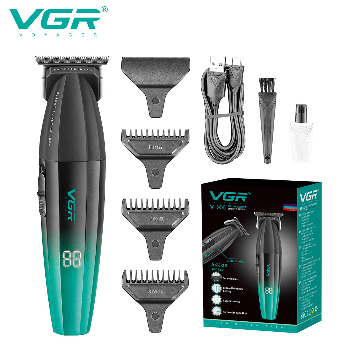 VGR V-906  Maquina De Cortar Cabello Metal Housing DLC Blade Barber Cordless Professional Hair Trimmer for Men