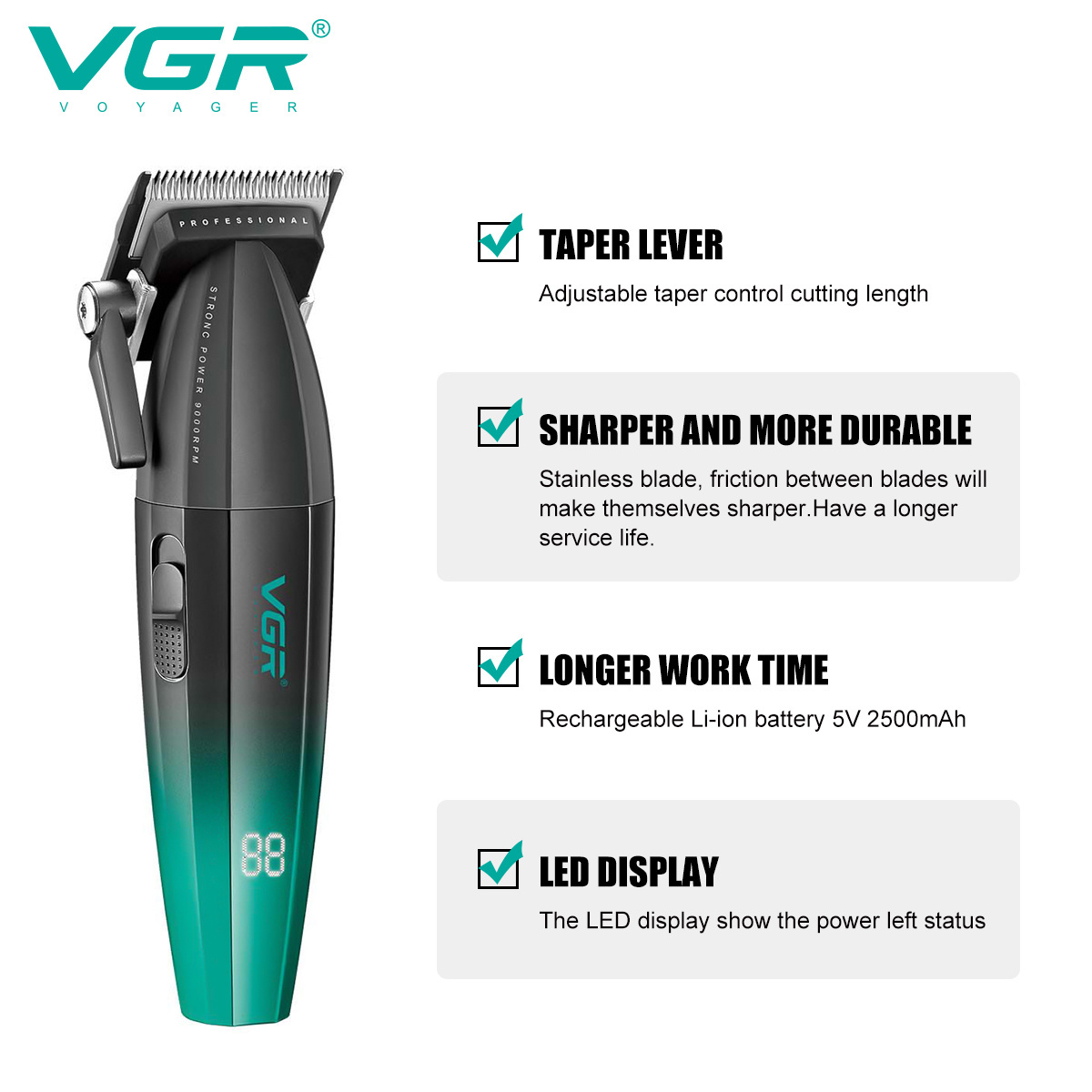 VGR V-003 9000RPM Metal Salon Barber Clippers Rechargeable Professional Hair Clipper for Men