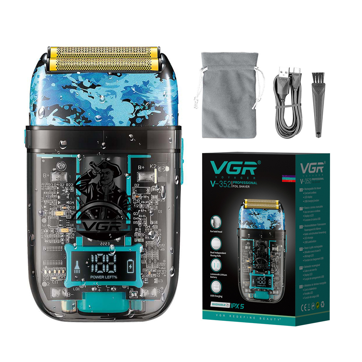 VGR V-352 Waterproof Foil Head Hair Shaver Rechargeable Shaving Machine Professional Electric Shavers for Men