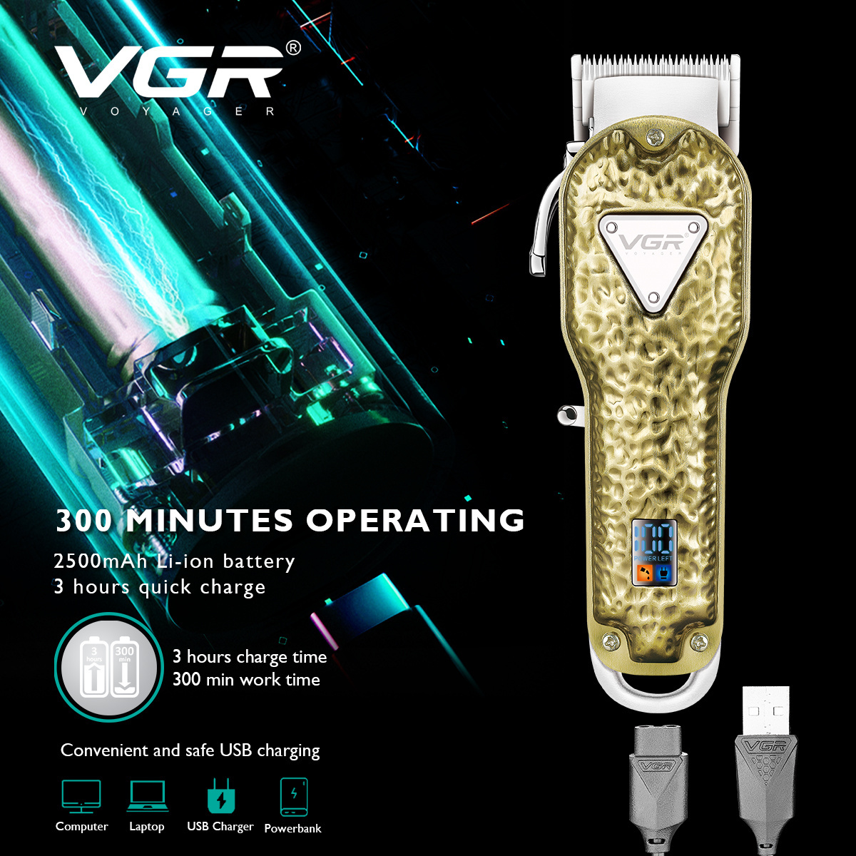 VGR V-143 High Quality Blade sharpening Machines Gold Hair Trimmer Professional Rechargeable Hair Clippers for Men