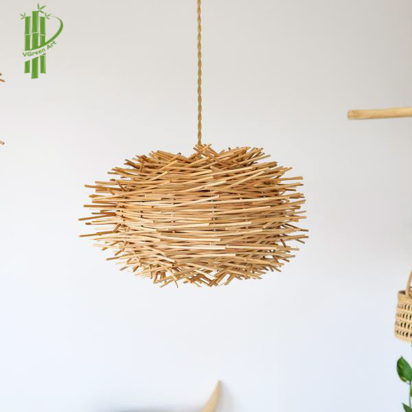 Handmade bird's nest shape rattan bamboo ceiling lamps natural pendant light lampshade lamp cover home decor in Vietnam