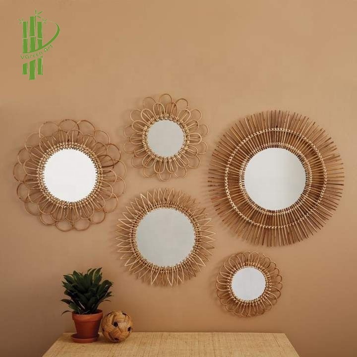 Woven Bamboo Rattan furniture sunburst mirrors black sun shape mirror wall arts trending eco friendly products 2023