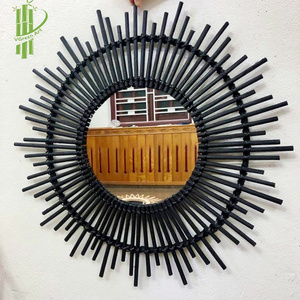 Woven Bamboo Rattan furniture sunburst mirrors black sun shape mirror wall arts trending eco friendly products 2023