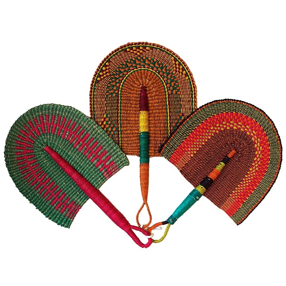 Fan gift set African Hand Fan with Leather Handle Sold Assorted Woven Seagrass Grass Fan Small multi Functional colorful