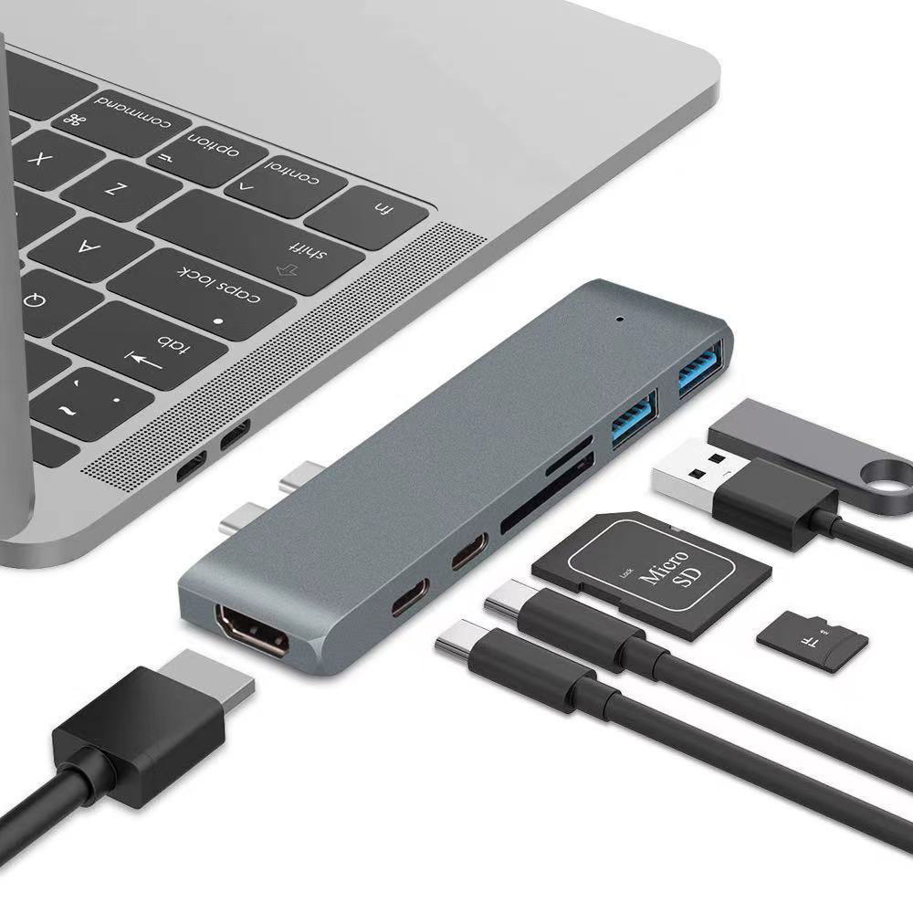 USB-C Hub Adapter 7 in 1 Multiport 2 USB 3.0 TF/SD Card Reader Data Thunderbolt Aluminum Alloy Case for Laptop