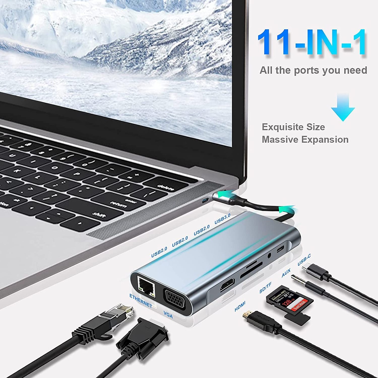 Computer hardware software aluminum 11 in 1 type c to 4k HDTV vga 100M RJ45 usb charging hub type c docking station for laptop