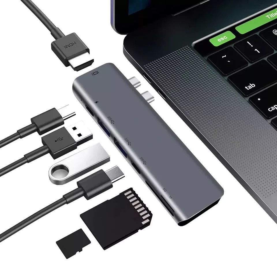 USB-C Hub Adapter 7 in 1 Multiport 2 USB 3.0 TF/SD Card Reader Data Thunderbolt Aluminum Alloy Case for Laptop