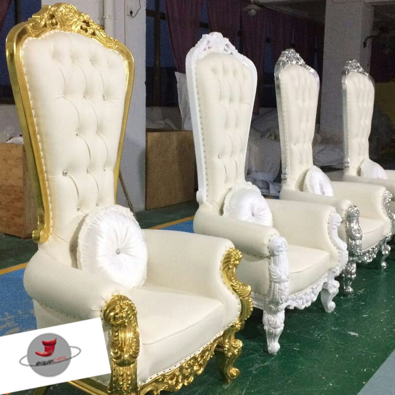 Hotel Furniture Wooden Luxury carving French Baroque White Gold High Back cheap leather Queen King Throne Wedding Chairs