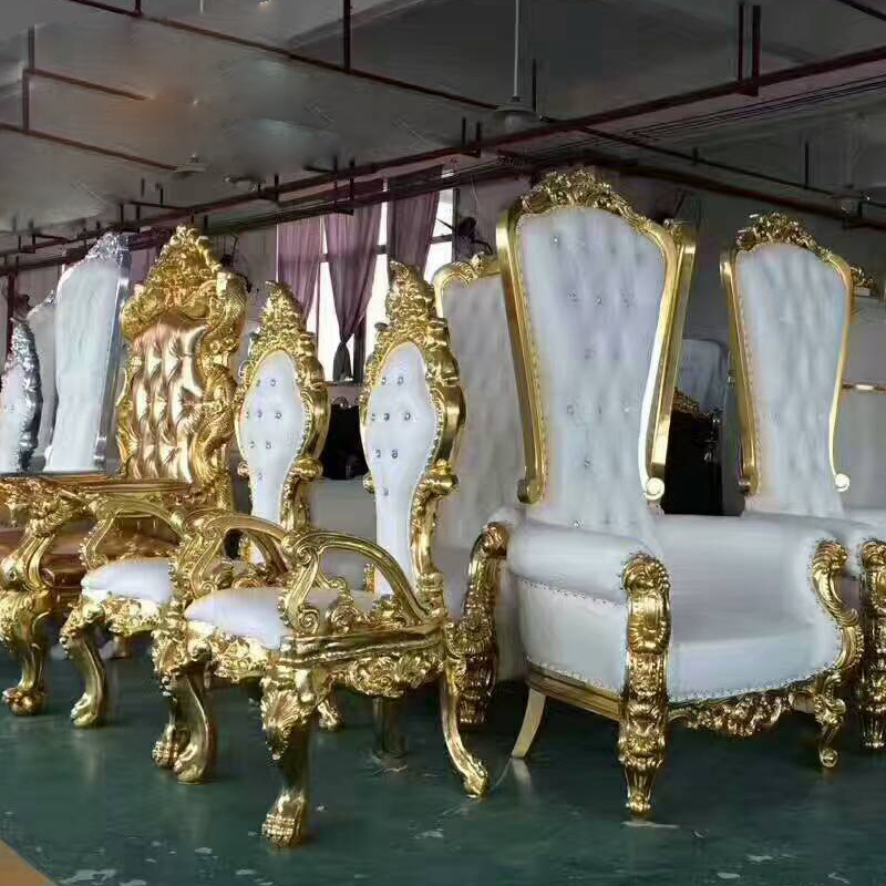 Hotel Furniture Wooden Luxury carving French Baroque White Gold High Back cheap leather Queen King Throne Wedding Chairs