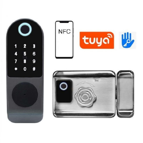 Tuya WIFI Smart Biometric Fingerprint rim door Lock with keyboard  remote control for front gate