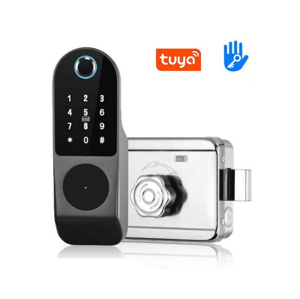 Tuya WIFI Smart Biometric Fingerprint rim door Lock with keyboard  remote control for front gate