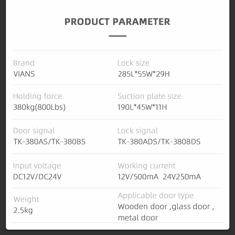 VIANS 800lbs Electromagnetic lock with capacity up to 380kg Signal status Power supply 12Vdc 24Vdc open door sensor EM LOCK