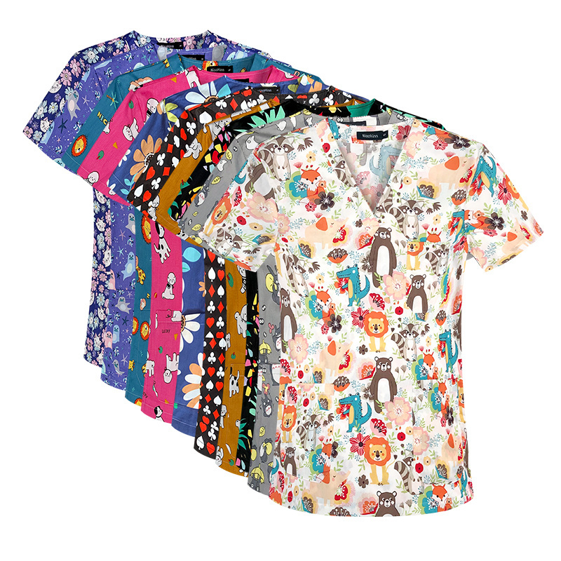 Hospital Uniforms Men And Women T-shirt Nurse Medical Scrubs Comfortable Medical Uniform Printed Scrubs Colorful Pattern