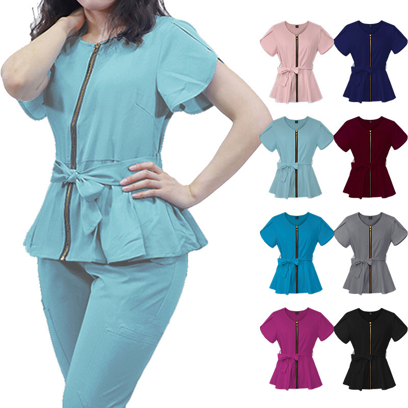 High Quality Fashionable Custom Zipper Stretchy Women Hospital Uniforms Scrubs Medical Nursing Uniforms Sets Dental Scrubs