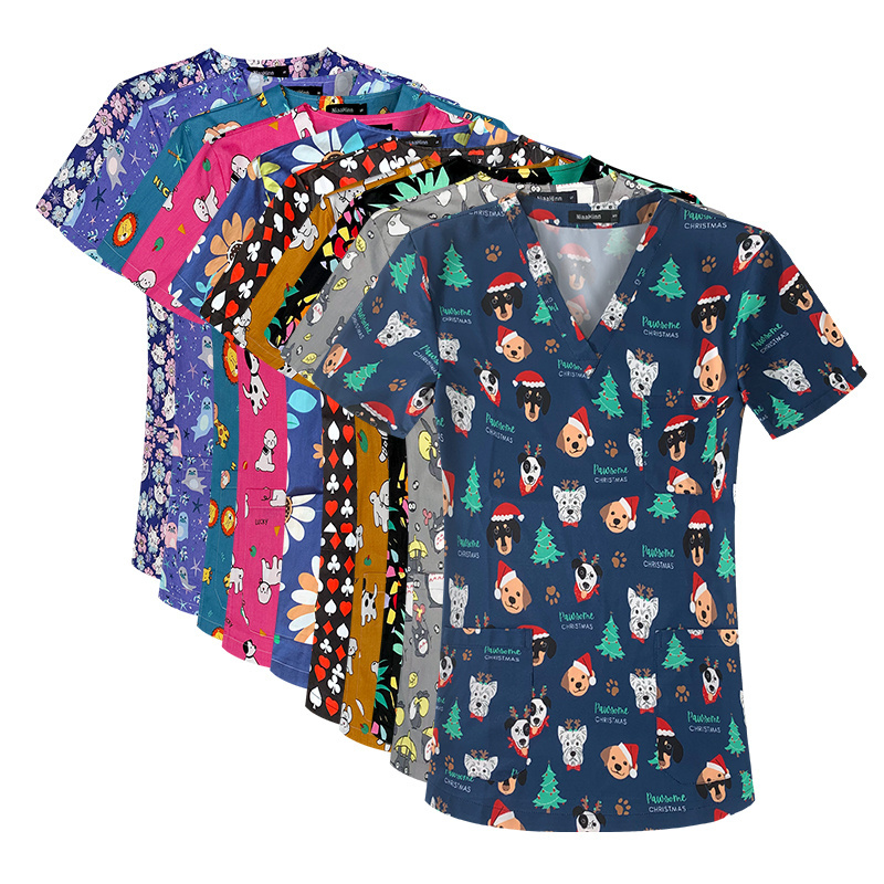 Hospital Uniforms Men And Women T-shirt Nurse Medical Scrubs Comfortable Medical Uniform Printed Scrubs Colorful Pattern