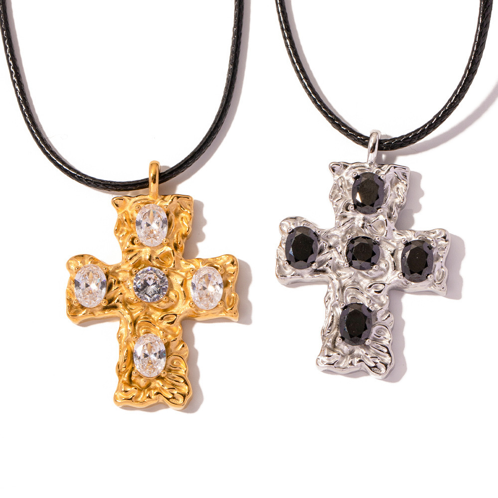 Trendy Vintage Style Rope Chain Stainless Steel 18K Gold Plated Cross Pendant Necklace for Couples