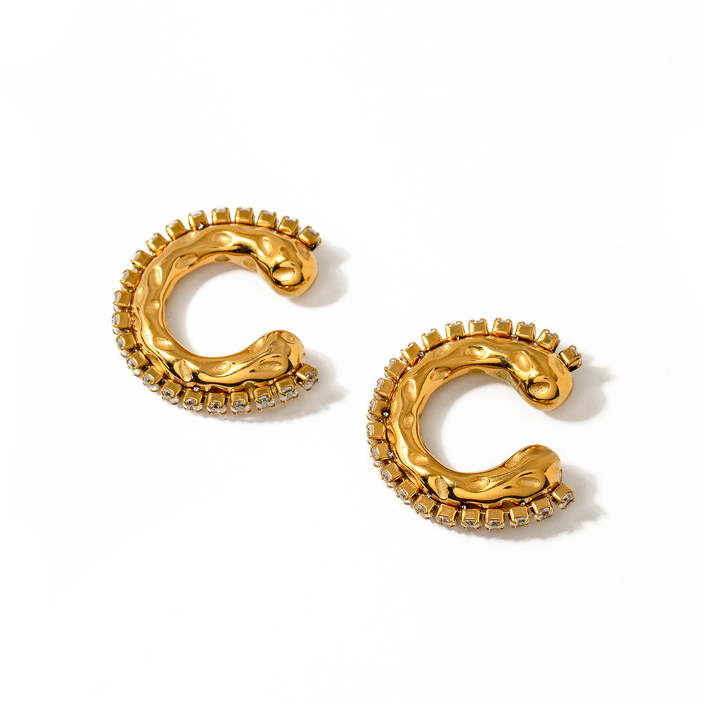 Trendy Chunky Hollow C Shape Earrings 18K PVD Gold Plated Stainless Steel Cuff Earrings Hammer CZ Ear Cuffs for Women