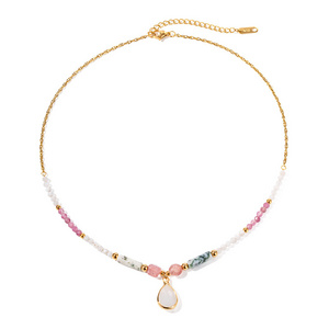 New Trendy Stainless Steel with Gold Plated Colorful Natural Stones Waterdrop Pendant Choker Necklace for Women