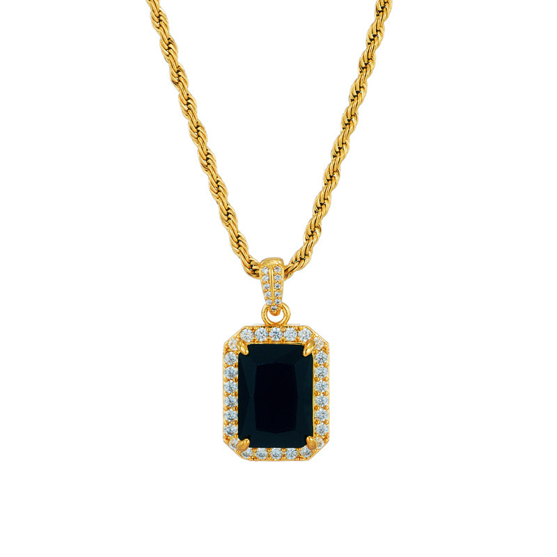 IVIAPRO Fashion Jewelry Gift 18K Gold Plated Personalized Black Gemstone Pendant Golden Chain Charm Stainless Steel Necklace