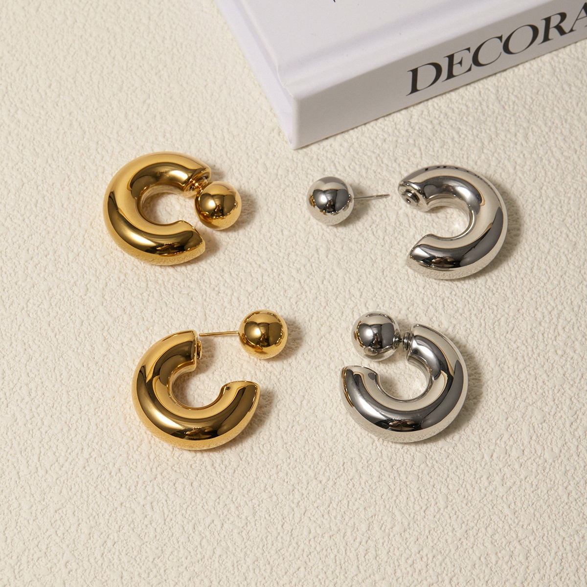 New Arrival High End Smooth CC Shape Earrings Stainless Steel 18K PVD Gold Plated Chunky Ball C Shaped Earrings