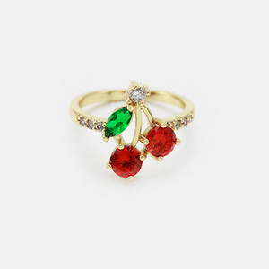 Fashion Jewelry Brass with 18K Gold Plated Cubic Zircon Cherry Rings Fruit Jewelry for Girls