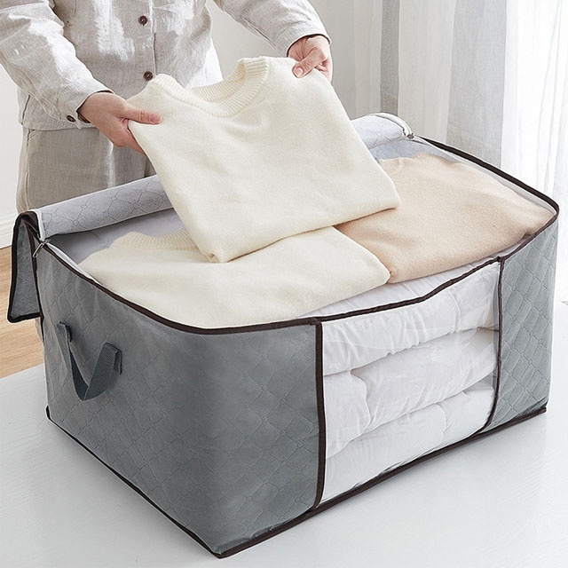 pvc window Non woven grey color Blanket foldable storage bag for quilt clothes